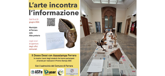 “L’arte incontra l’informazione”: nuova expo con le opere degli allievi del Dosso Dossi create per il Premio Stampa Ferrara. Allestimento nella sala dell’Albo Pretorio municipale fino al 20 giugno 2026